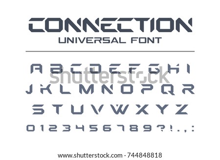 Technology connect universal font. Geometric, aggressive sport, futuristic, future techno alphabet. Letters and numbers for military, electric industry logo design. Modern minimalistic vector typeface