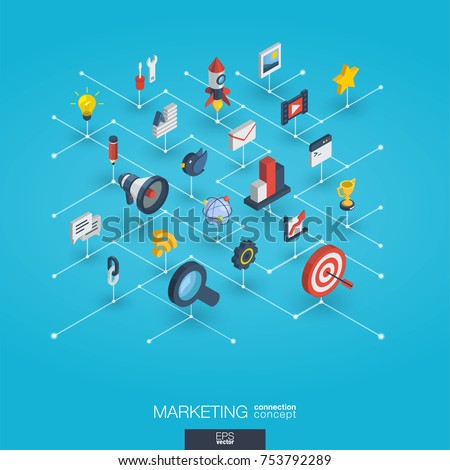Market integrated 3d web icons. Digital network isometric interact concept. Connected graphic design dot and line system. Abstract background for seo optimization, web development. Vector Infograph