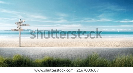 Similar – Foto Bild Sommerlicher Weg mit Gras und Bäumen sowie blauen Himmel lädt zum Spaziergang ein