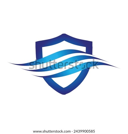 this is a simple logo of a blue wave on a blue shield in flat style that looks clean on a white background