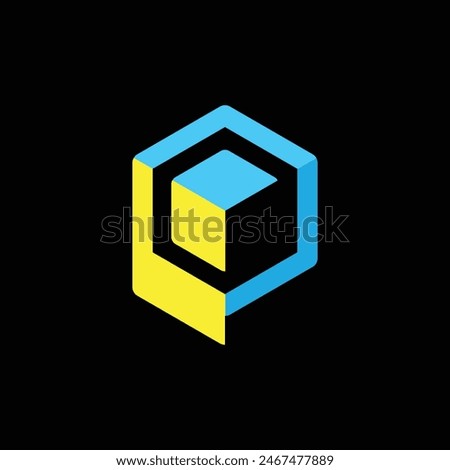 This image is a letter logo of initial P in hexagonal cube shape in yellow and blue color on a black background