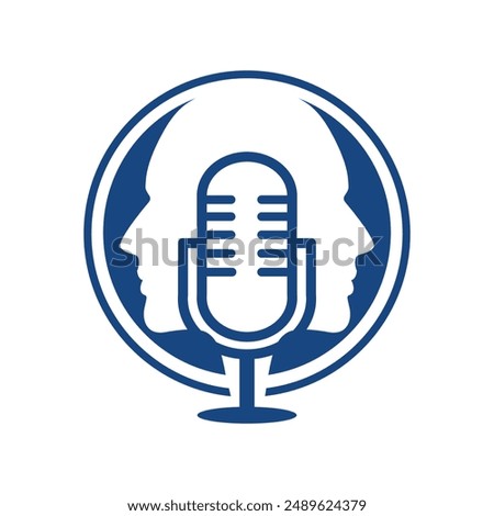 This is a simple podcast logo in blue color depicting two human faces with a microphone on the center