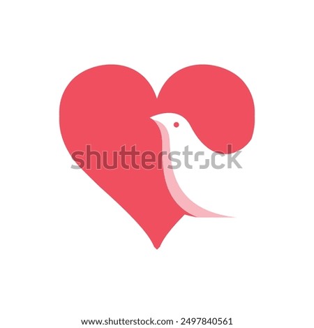 This is an abstract logo of white dove or pigeon on a red heart shape on a white background that symbolizes love peace and care