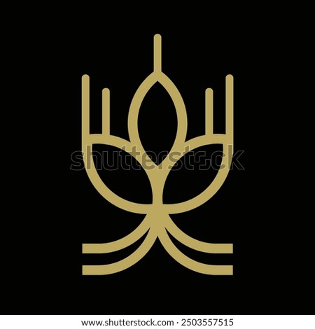 This is a flat simple icon of abstract grain symbol in gold color on a black background f crop or harvest related logo