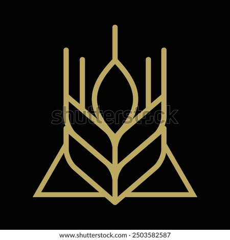 This is an abstract simple icon of grain symbol in gold color on a black background of crop or harvest related logo