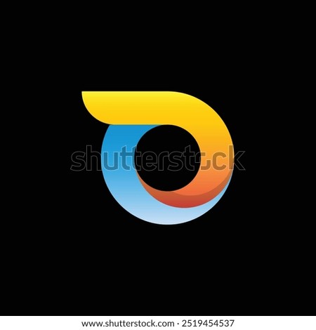 A simple 3D logo of letter o in lowercase in orange and blue gradient color on a black background that looks like Donald Trump with orange toupee