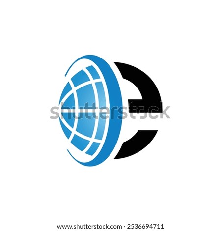 This is a flat logo design of a half globe in blue color combined with a blue letter e shape in lowercase 