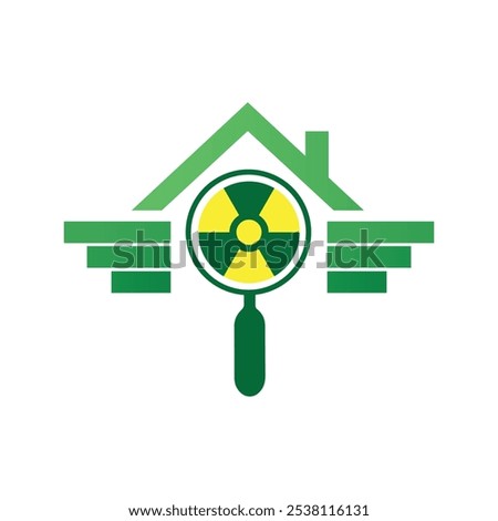 A flat logo of a house with wings with a magnifying glass with bio hazard icon on the middle