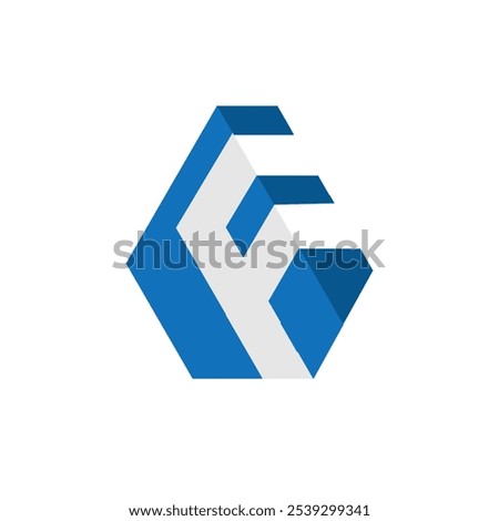 This is an initial logo design of a letter F in blue in elongated hexagon shape in flat style that utilize negative space that looks clean and modern