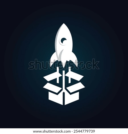 This is a logo design that depicts a rocket taking off from an open box in white color on a black background