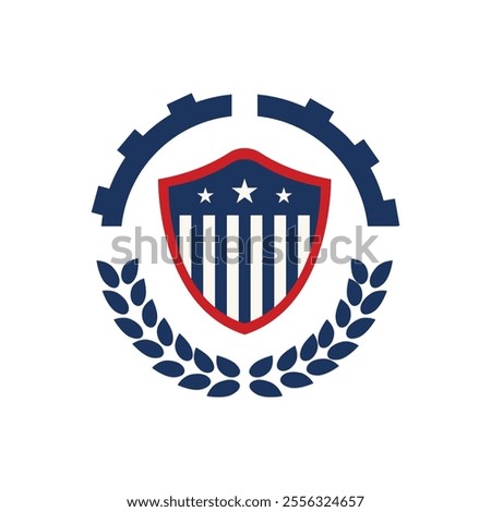 This is a badge logo design that depicts a shield with stripes and stars in black and blue surrounded by laurel wreath and a half cog for American machinery related purposes