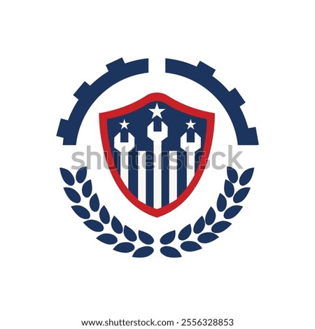 This is a badge logo design that depicts a shield with stripes and stars and wrench in red and blue surrounded by laurel wreath and a half cog for American machinery related purposes

