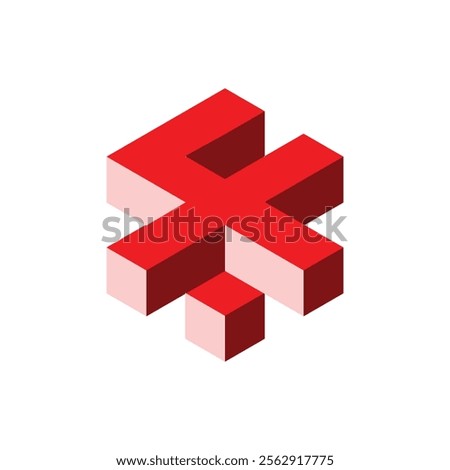 The image shows a 3D monogram design of an initial letter F in red color 