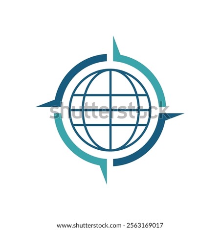 The image shows a flat design of a compass rose with a globe icon on the middle in aqua color that looks clean and sharp on a white background