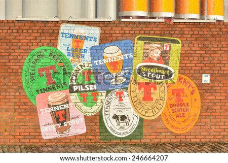 GLASGOW, SCOTLAND - 24 JANUARY 2015: wall mural outside Wellpark Brewery, advertising Tennent\'s lager
