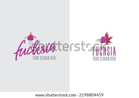 Two variations of a logo featuring a Fuchsia flower in different posed, with the wording 'Fuchsia; in hand drawn script and a medium condensed font