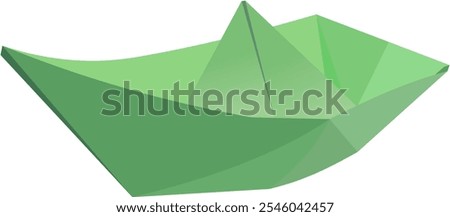 Origami, the art of folding paper into the shape of a ship or boat vessel. The image is facing front Left. Green paper.