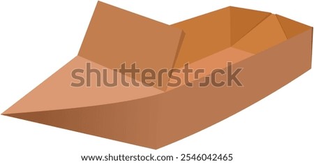 Origami, the art of folding paper into the shape of a ship or boat vessel. The image is facing front left. Brown paper..