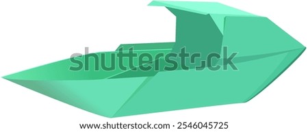 Origami, the art of folding paper into the shape of a ship or boat vessel. The image is shown front left. Green color.