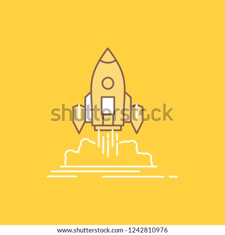 Launch, mission, shuttle, startup, publish Flat Line Filled Icon. Beautiful Logo button over yellow background for UI and UX, website or mobile application