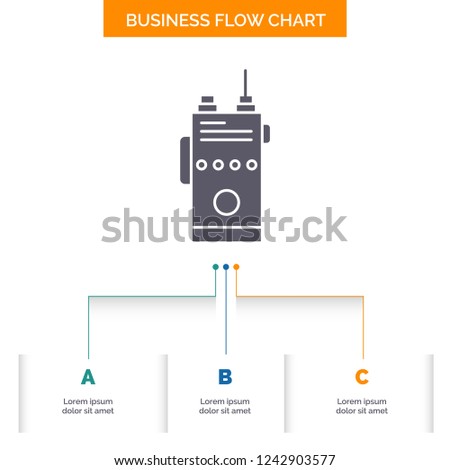 walkie, talkie, communication, radio, camping Business Flow Chart Design with 3 Steps. Glyph Icon For Presentation Background Template Place for text.