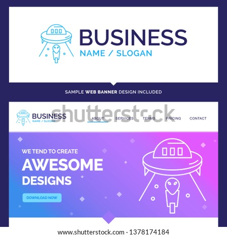 Beautiful Business Concept Brand Name alien, space, ufo, spaceship, mars Logo Design and Pink and Blue background Website Header Design template. Place for Slogan / Tagline. Exclusive Website banner a