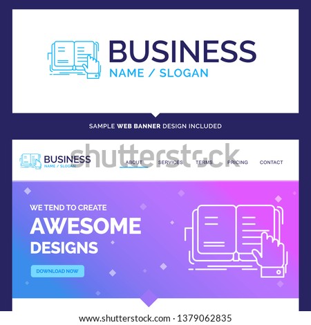 Beautiful Business Concept Brand Name book, lesson, study, literature, reading Logo Design and Pink and Blue background Website Header Design template. Place for Slogan / Tagline. Exclusive Website ba