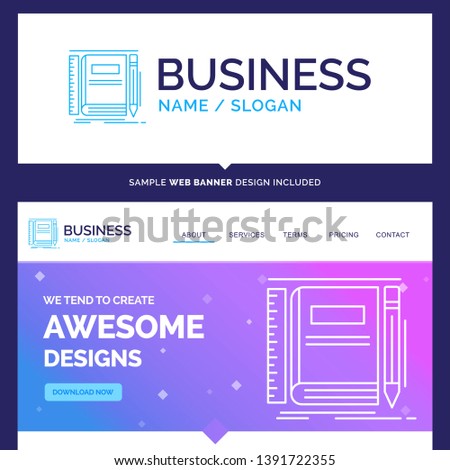 Beautiful Business Concept Brand Name Book, notebook, notepad, pocket, sketching Logo Design and Pink and Blue background Website Header Design template. Place for Slogan / Tagline. Exclusive Website 