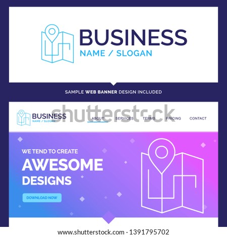 Beautiful Business Concept Brand Name Map, Camping, plan, track, location Logo Design and Pink and Blue background Website Header Design template. Place for Slogan / Tagline. Exclusive Website banner 