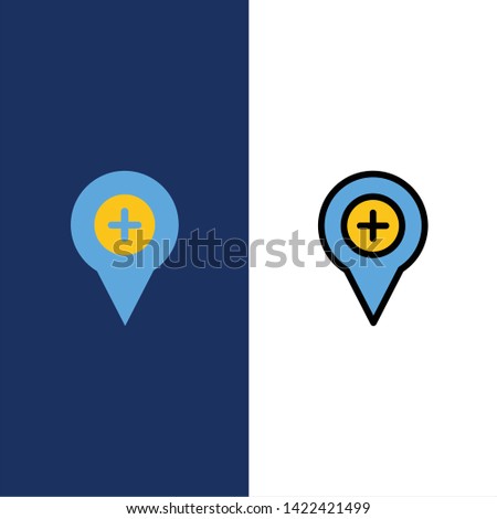 Location, Map, Navigation, Pin, Plus  Icons. Flat and Line Filled Icon Set Vector Blue Background