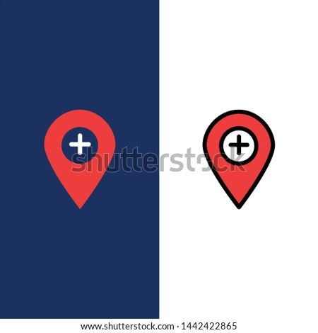 Plus, Location, Map, Marker, Pin  Icons. Flat and Line Filled Icon Set Vector Blue Background