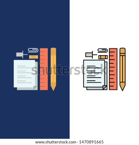 Stationary, Pencil, Pen, Notepad, Pin  Icons. Flat and Line Filled Icon Set Vector Blue Background. Vector Icon Template background