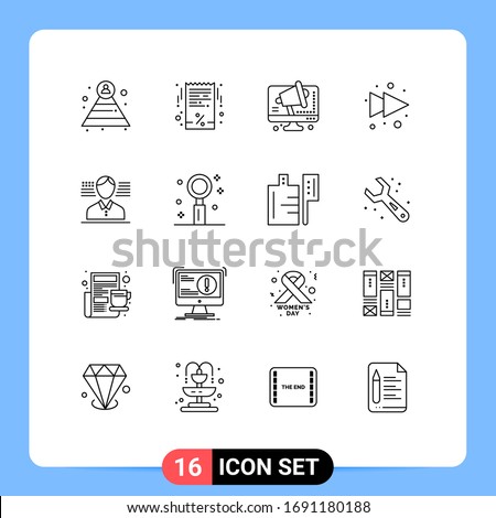 16 User Interface Outline Pack of modern Signs and Symbols of celebration; american; conference; man; forward Editable Vector Design Elements