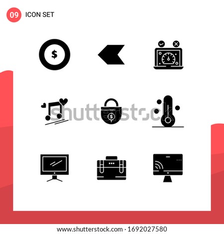 Pack of 9 creative Solid Glyphs of investment; song; performance; love; node Editable Vector Design Elements