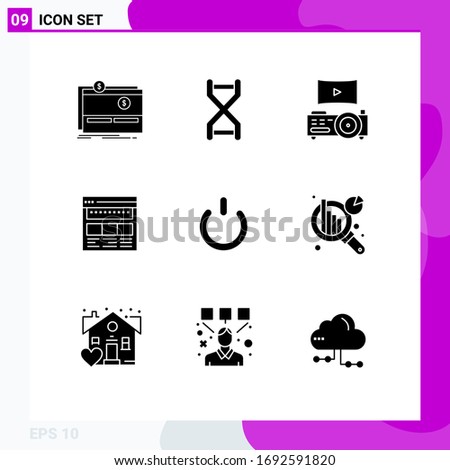 Solid Glyph Pack of 9 Universal Symbols of page; business; dna structure; browser; theatre Editable Vector Design Elements