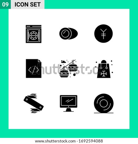 Editable Vector Line Pack of 9 Simple Solid Glyphs of chair lift; cable car; gastronomy; html; code Editable Vector Design Elements