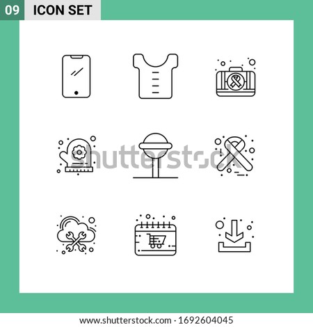 9 Thematic Vector Outlines and Editable Symbols of lollipop; candy; first aid; sauna; oven mitt Editable Vector Design Elements