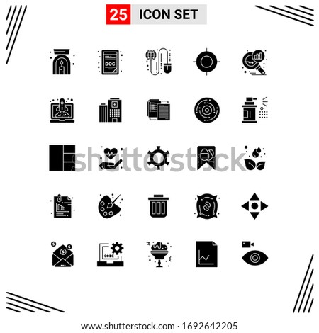 Group of 25 Solid Glyphs Signs and Symbols for graph magnifying; data analyzing; grid; travel; location Editable Vector Design Elements