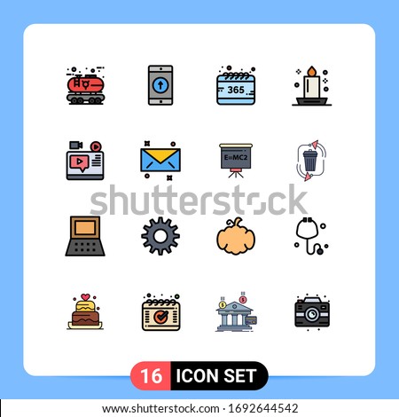 Mobile Interface Flat Color Filled Line Set of 16 Pictograms of light; candlelight; smartphone; candle; selection Editable Creative Vector Design Elements