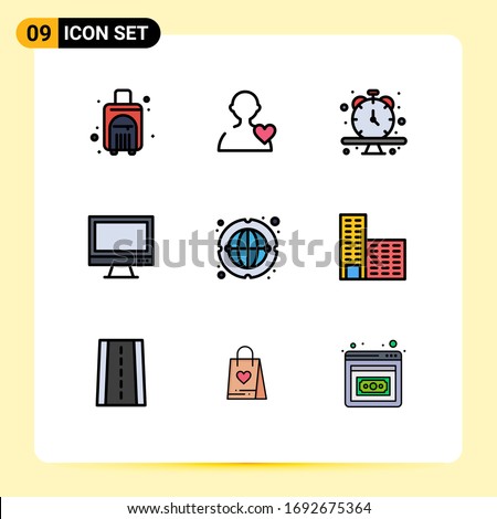 9 User Interface Filledline Flat Color Pack of modern Signs and Symbols of internet; pc; schedule; imac; monitor Editable Vector Design Elements