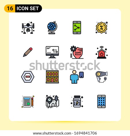 Pack of 16 Modern Flat Color Filled Lines Signs and Symbols for Web Print Media such as cloud; school; mobile application; study; shopping Editable Creative Vector Design Elements