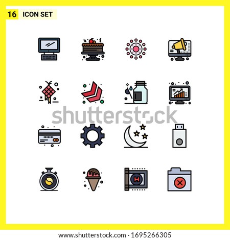 Modern Set of 16 Flat Color Filled Lines and symbols such as eid; computer; flower; speaker; business Editable Creative Vector Design Elements