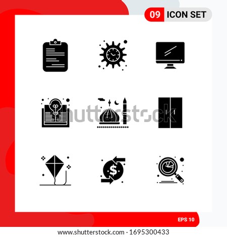 Pack of 9 creative Solid Glyphs of mosque; bulb; computer; book; pc Editable Vector Design Elements