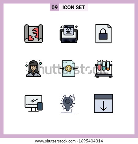 User Interface Pack of 9 Basic Filledline Flat Colors of setting; file; document; woman; girl Editable Vector Design Elements