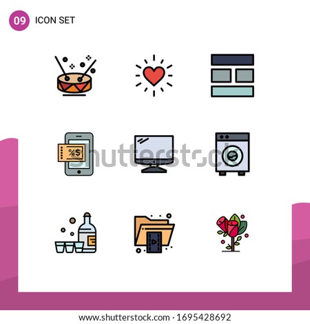Group of 9 Filledline Flat Colors Signs and Symbols for imac; monitor; editing; computer; shopping Editable Vector Design Elements