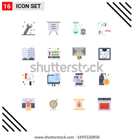 Editable Vector Line Pack of 16 Simple Flat Colors of book; file; atom; development; coding Editable Pack of Creative Vector Design Elements