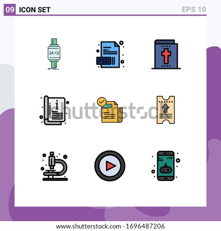 Pack of 9 creative Filledline Flat Colors of feature; check; bible; template; catalogue Editable Vector Design Elements