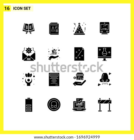 Pack of 16 Modern Solid Glyphs Signs and Symbols for Web Print Media such as gear; mail; hat; travel; transport Editable Vector Design Elements