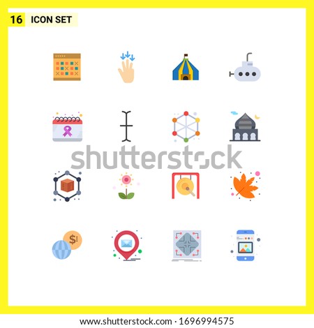 Modern Set of 16 Flat Colors Pictograph of cancer; submarine; down; bathyscaph; tent Editable Pack of Creative Vector Design Elements