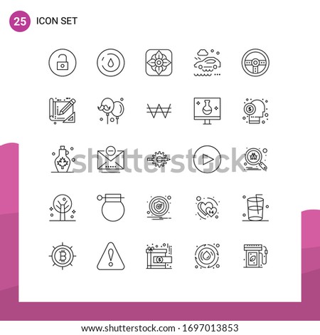 25 Universal Line Signs Symbols of game; controller; flower; wet road; car Editable Vector Design Elements